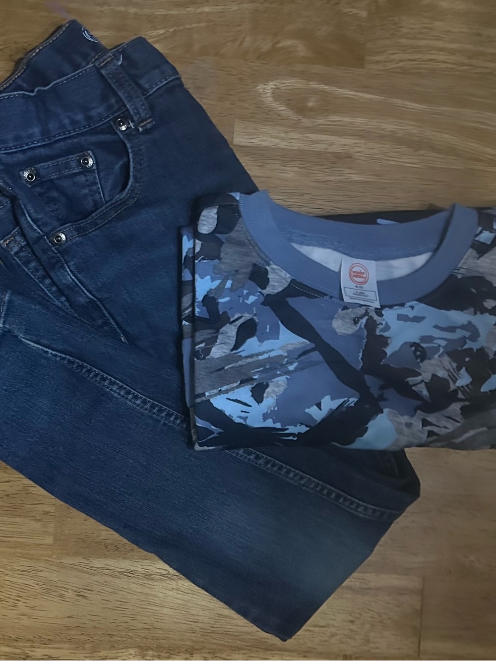 wonder nation Blue & Gray Camo Tee with Dark Blue Jeans Set